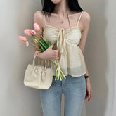 Voguable Korean Style Sweet Fluffy Camis A-line Lace-up Double Layers Crop Top Y2K Aesthetic Tank Tops Holiday Cute Vest Women voguable