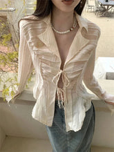 Voguable Spring Women Solid Color Lace Up Slim Fitting Long Sleeved Shirt New Korean Fashionable Unique Lapel Female Shirt Top voguable