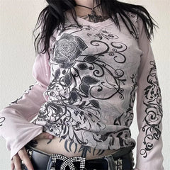 Fairy Grunge y2k Top Women Aesthetic Clothes Floral Print V Neck Long Sleeve T Shirt 2000s Gothic Clothing Streetwear voguable