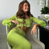 Elegant Fashion Long Sleeve See Through Cutout Cropped Cardigan Maxi Skirt 2 Pieces Sets Outfits Women Dress Sets voguable