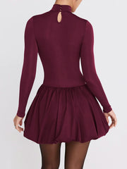 Turtleneck Long Sleeve Sexy Mini Dress For Women Robe Fashion Burgundy Patchwork High Waist A-line Club Pleated Dress voguable