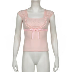 Voguable Y2K Rhinestone Frill Edge Bow T-shirt Pink Kawaii Japanese Lolita Casual Square Collar Short Sleeve Top Coquette Tees voguable