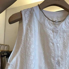 Woman O-Neck Sleeveless Tops Lace Patchwork Embroidery White Button Cardigan Elegant Casual Commuting with Lining Solid T-Shirts voguable