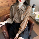 Voguable Niche embroidered versatile shirt corduroy shirt for women in spring and autumn new bow tie top design sense voguable
