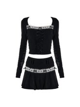 Voguable Women Dark Academia Y2k 2000s Aesthetic Rave Night Club Outfits 2 Piece Set Long Sleeve T-Shirts Crop Tops + Mini Pleated Skirts voguable