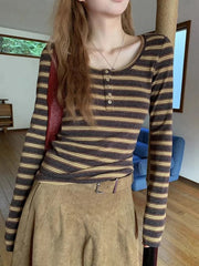 Slim Y2K Striped T Shirt Women Streetwear American Long Sleeve Retro Tees Fall Sexy U Neck Female Harajuku Vintage Tops New voguable