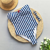 Voguable Blue Striped Print Sexy Swimsuit Women One Piece Strapless Swimwear Woman Cute Bow Bathing Suit High Leg Cut Swimming Wear voguable