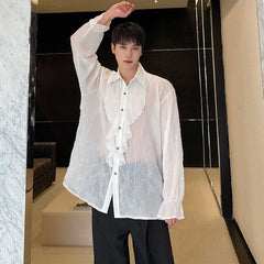 Voguable Stylish High Quality Organza Translucent Long Sleeve Shirts Men's 2024 New Fashion Solid Color Ruched Design Tops voguable