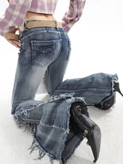 Voguable American Retro Y2K Flare Jeans Scratched Slim Bell Bottoms Women Fashion Gyaru Denim Pant Raw Edge Trousers Hip Hop High Street voguable
