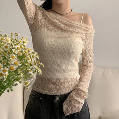 Transparent Lace Crop Top Asymmetrical Off-shoulder Long Sleeve Smock T-shirts Women Summer Casual Tees y2k Vintage Tees voguable