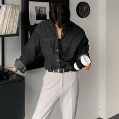 2024 Autumn Korean Fashion Black Denim Shirt Men Long Sleeved Loose Retro Lapel Button All-match Casual Mens Shirts Jacket voguable