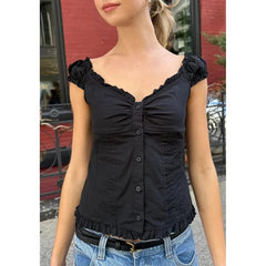 y2k Tank Top Women Summer Clothes Solid Color Cap Sleeve Button Down Slim Fit Frill T Shirt 2000s Vest Streetwear voguable