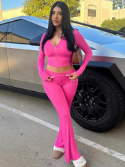 Mozision Hooded Top And Trousers Two Piece Sets Women Fashion Zipper Long Sleeve Tops And Flare Pant Female Casual Suit New voguable