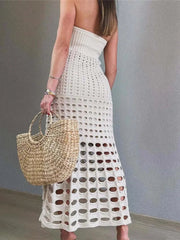 Strapless Off-shoulder Hollow Out Knit Maxi Dress For Women Gown Fashion Sleeveless Backless Beach Skinny Long Dress voguable