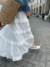 Embroidered Hollow Lace Spliced White Long Skirt 2025 Spring Summer New Elastic Waist Cotton A-line Vacation Beach Boho Skirt voguable