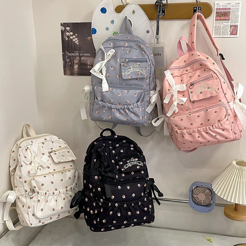 Korean Bow Chic Flower Print Backpack High-capacity Sweet Kawaii Fashion Schoolbags Casual Preppy Y2k Women Students Backpacks voguable