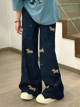 Voguable Women Fashion Puppy Embroidery Wide Leag Jeans High Waisted Loose Straight Denim Pants Spring Autumn Chic Lady Long Trousers voguable