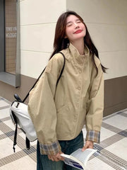 Vintage Plaid Cargo Jacket Women Retro Double Sided Wear Preppy Style Sweet Coat Korean Fall Winter Long Sleeve Pockets Top voguable