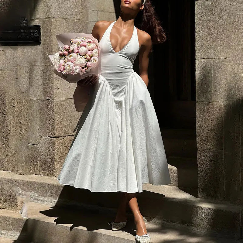 Sexy Deep V Hollow Halterneck Large Hem Dress For Women Solid High Waisted Backless Splice Summer New Vacation Long Dress voguable