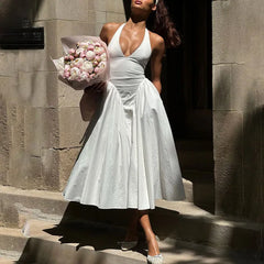 Sexy Deep V Hollow Halterneck Large Hem Dress For Women Solid High Waisted Backless Splice Summer New Vacation Long Dress voguable