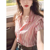 Voguable French Elegance Pink Striped Collar Short Sleeve Blouse Women's Summer Chic Loose voguable