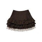 Brown Women Plaid Skirts Kawaii Lolita Sweet Mini Skirts Vintage Lace Patchwork Cute Fashion High Waist Layered Skirt voguable