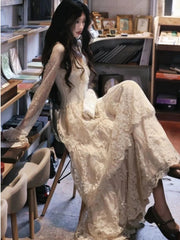 Autumn Women Vintage Lace Long Sleeve Cake Maxi Dress Elegant Sweet V-Neck Long Dress Slim Party Female Clothing Female Outfits voguable