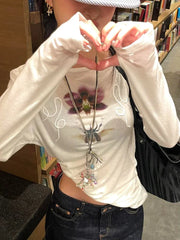 Y2k Printed Off Shoulder T-shirt Sweet Transparent White Long Sleeve T-Shirts Korean Fashion Casual Loose Tops Slim Up voguable