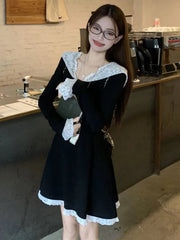 Women's French Lace Patchwork Y2K Dress Hooded Long Sleeves Slim Waist A-Line Short Skirt 2025 New Spring Summer Chic Vestidos voguable