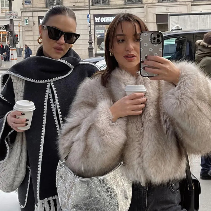 Street Fashion Week Luxury Brand Gardient Cropped Faux Fur Coat Women Winter  Hot Cool Girls Fluffy Short Fur Jacket voguable