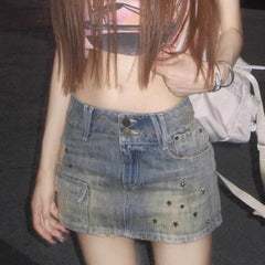 Vintage Y2k Denim Skirt Women Sexy Harajuku Star Streetwear Mini Skirts A-line Retro Fashion Slim Up Casual Jeans Skirt voguable