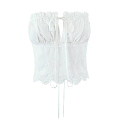 Women Hollow Out Embroidery White Strapless Top Sexy Backless Lacing Up Back Holiday Summer Crop Top Cotton voguable