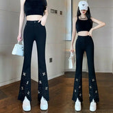 Voguable Star Hot Diamond Bead Imitation Denim Black Leggings Women Spring Summer New High-waisted Slim Tassel Micro-flare Trousers voguable