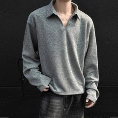 New American Retro Men Polo Shirt Luxury Knitted Solid Color V Neck Long Sleeve T-shirt Casual Premium Quality Textured Knitwear voguable