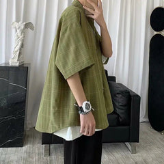 Korean Style Loose and Versatile Plaid Five-point Sleeve Shirt voguable
