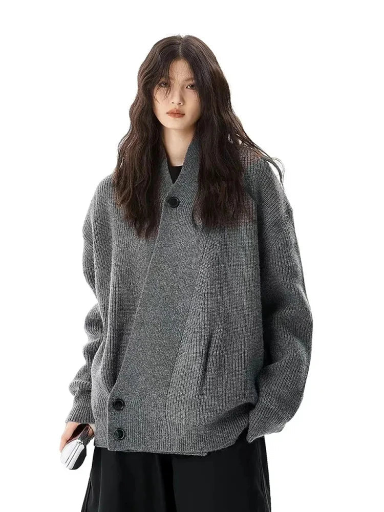 Hip Hop Y2K Gray Cardigan Sweaters Women Loose Streetwear V Neck Design Knitted Coat Casual Vintage Long Sleeve Bf Gothic Tops voguable