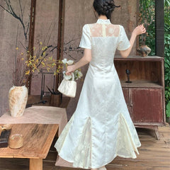 Voguable Modified Cheongsam Dress Women Summer New Sexy Sweet Medium Long Chic Chinese-Style Slimming Fishtail Long Dresses voguable