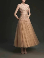 New High Neck Women Dress Sleeveless Exquisite 3D Floral Embellishments Flowing Tulle Long Dresses Female voguable