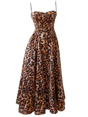 Leopard-print Design Women's Long Dresses Slash Collar High Waist Sleeveless Elegant Dress Female Autumn 2025 New voguable