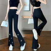 Voguable Star Hot Diamond Bead Imitation Denim Black Leggings Women Spring Summer New High-waisted Slim Tassel Micro-flare Trousers voguable