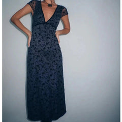 New Women Navy Blue Floral Print Mesh A-line Midi Dress High Waist V Neck Short Sleeve Summer Dresses Vintage Robe voguable