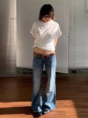 Deeptown American Retro High Street Spicy Girls Low Waist Jeans Women Vintage Y2k Harajuku Baggy Solid Slim Denim Flared Pants voguable