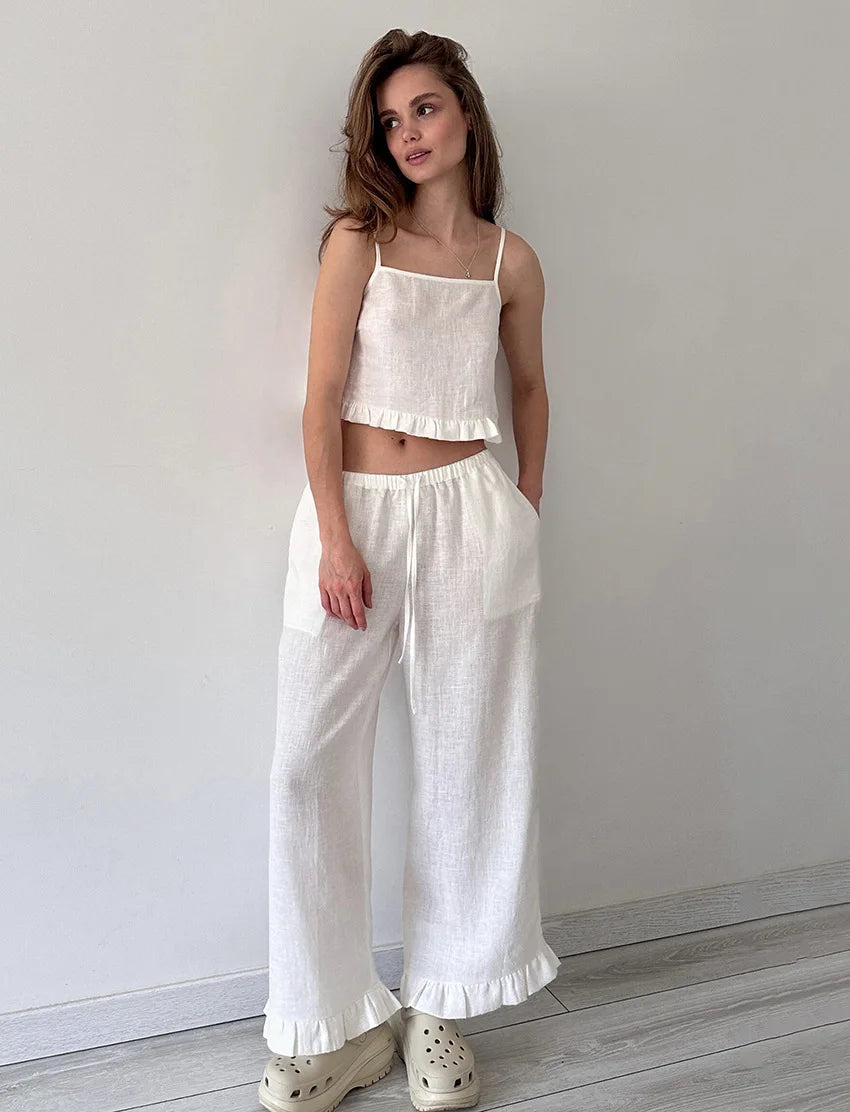 100% Cotton Ruffle Camisole And Loose Long Trouser Two Piece Set 2025 New Casual Summer Women Sets Homewear Sleepwear Pajamas voguable