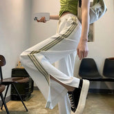 Voguable Summer Korean Simple Loose Wide Leg Pants Women Panelled Stripe Elastic High Waisted Drawstring Split Ice Silk Straight Trousers voguable