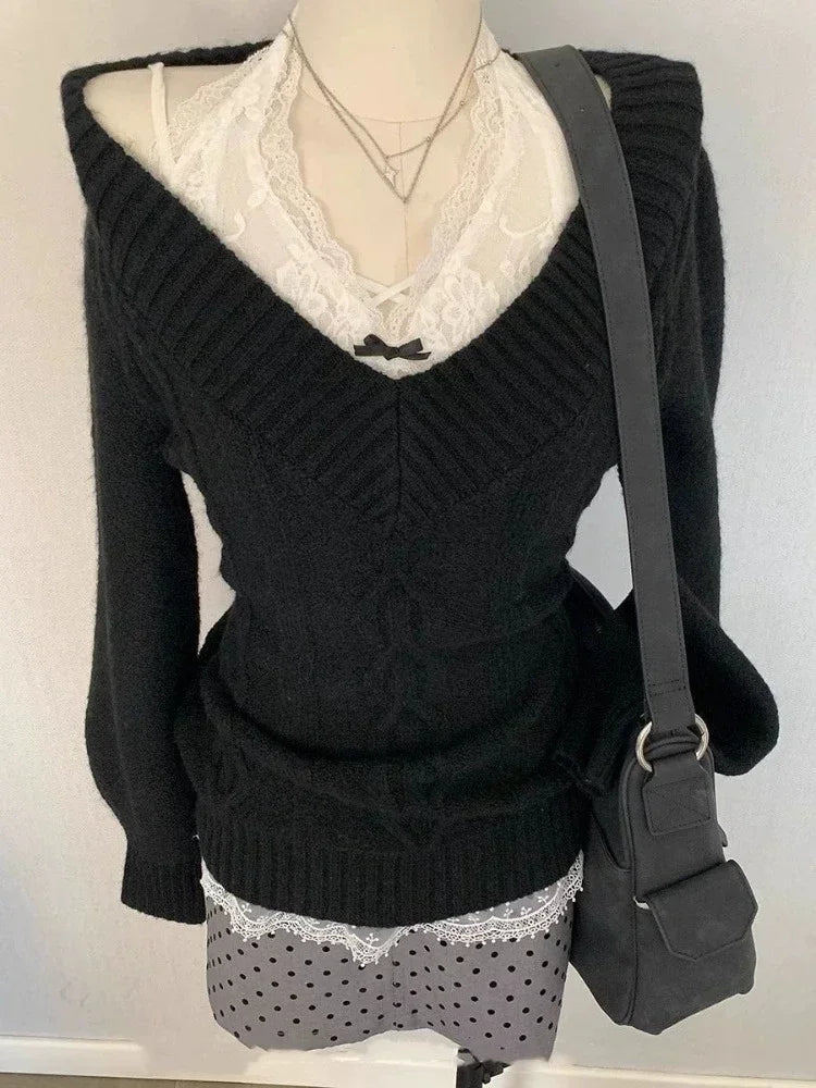 Sexy Elegant V-neck Knitted Pullover Women Black Y2k Fashion Long Sleeve Sweaters Simple Casual Slim Aesthetics Tops voguable