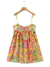Voguable Bow Ruched Bra Corset Style Flower Print Spaghetti Strap Mini Dress Women Backless Skater Lacing Up Sling Robe Holiday Dresses voguable