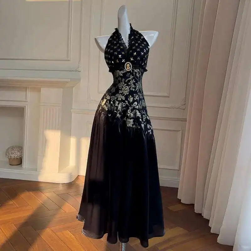 Brooch Women's Neck-mounted Dress Bandage Lace Print Sequins Sleeveless Backless V-Neck 2025 New Dresses Female voguable