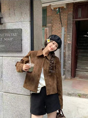 Coffee Suede Velvet Women Crop Jacket Loose Single Breasted Lapel Crop Coat Y2K Korean Chic Streetwear All Match Lady Outwear voguable