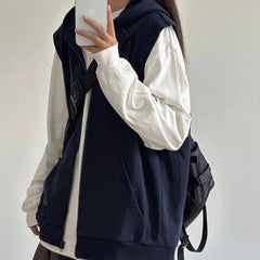 American Retro Sleeveless Hooded Zippered Cardigan Jacket for Women's Autumn Winter Hoodies Camisole Top Vest Jacket voguable