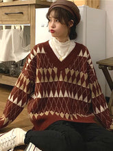 Voguable Sweaters Women Vintage Argyle Korean All-match Chic V-Neck Ladies Pullovers Student Lazy Style Popular Winter Womens Sweater New voguable